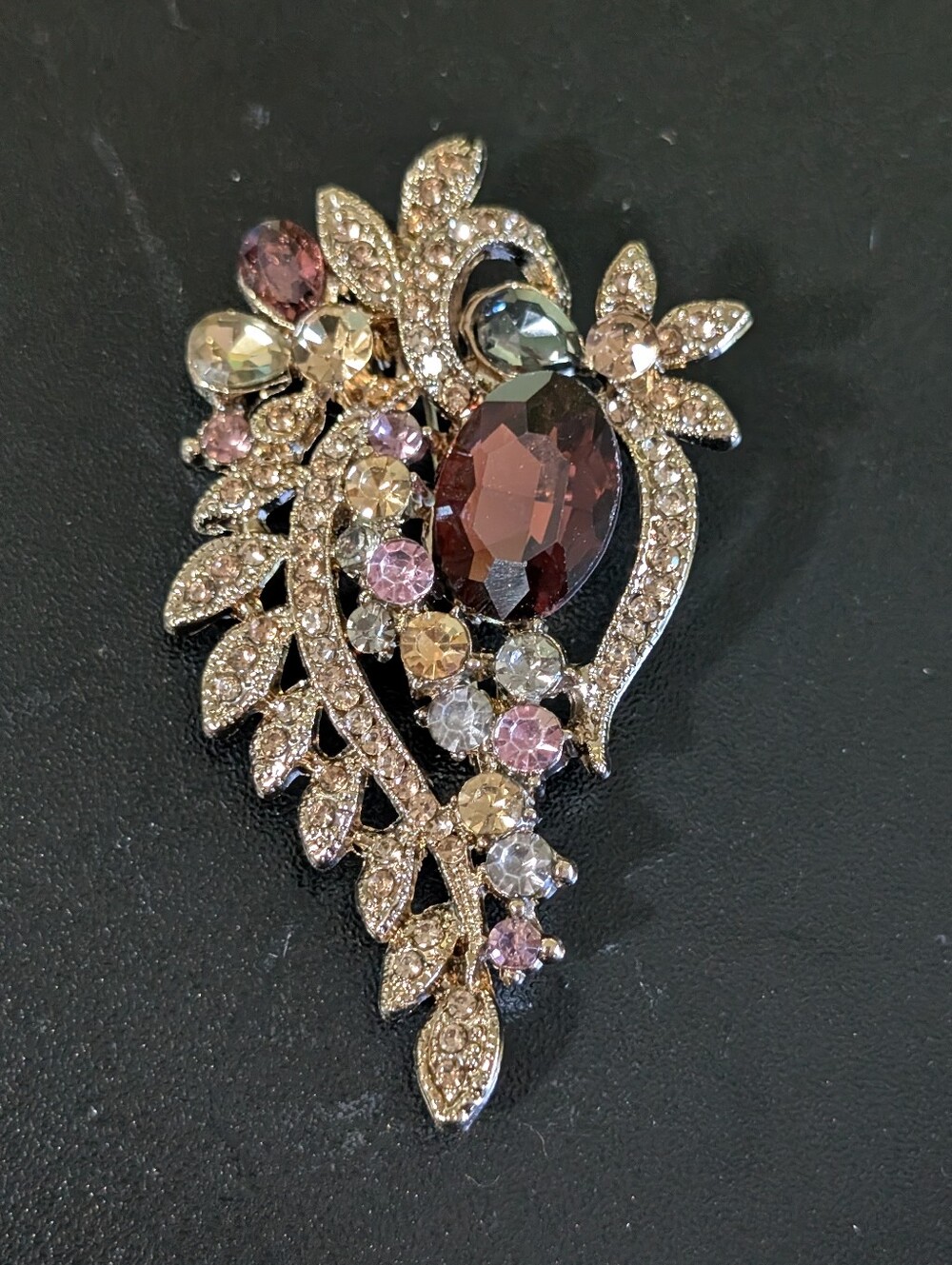 Crystal Leaf Teardrop Brooch – Purple and Pink Accents